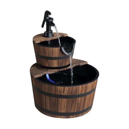 Wood Freestanding Fountain with 2 Tier Waterfall Barrel