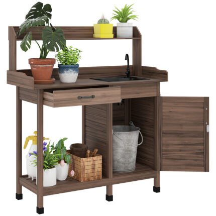 Potting Bench Table with Removable Sink, 44" x 19" x 50", with Storage Cabinet, Hooks, Faucet and Drawer, Dark Brown
