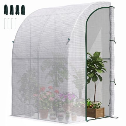 Lean-To Walk-In Greenhouse with Roll-Up Window & PE Cover, 5' x 4' x 7', White
