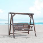 3 Seat Wooden Porch Swing with Stand, Patio Swing with Side Tables, for Garden, Poolside, Backyard, Carbonized Brown - Image 3