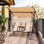 2 Person Porch Swing with Canopy, Storage Table, Cup Holder, Beige - Image 2