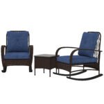 3 Piece Wicker Patio Furniture Set, Outdoor PE Rattan Rocking Chairs with Coffee Table, Cushions for Porch, Brown