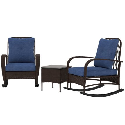 3 Piece Wicker Patio Furniture Set with Outdoor PE Rattan Rocking Chairs