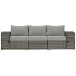 3 Seater Wicker Outdoor Couch Patio Sofa with Storage, Thickened Cushions and Wide Armrests for Porch Yard, Gray
