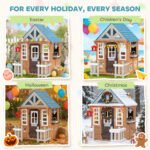 Wooden Kids Playhouse with Pet Door, Play Kitchen, Mailbox, Doorbell, Birdhouse, Fence and Windows for Pretend Play - Image 8