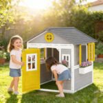 Wooden Playhouse for Kids Outdoor with Doors, Windows, Planter Pots and Boxes for Toddlers 3-8 Years, Gray - Image 2