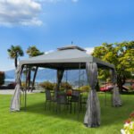 118" x 118" Steel Outdoor Patio Gazebo Canopy with Removable Mesh Curtains, Display Shelves, & Steel Frame - Image 2