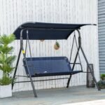 3-Person Porch Swing with Stand, Outdoor Swing for Patio Porch with Adjustable Tilt Canopy and Comfortable Swing Bench-Style Seat, Steel Frame, Dark Blue - Image 2
