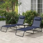 2 Folding Chaise Lounge Pool Chairs with 4-Position Reclining Back, Pillow, Breathable Mesh & Bungee Seat, Dark Blue - Image 2
