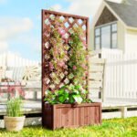 Wooden Raised Garden Bed, Raised Planter Box, Planter with Trellis for Climbing Plants Flowers, Orange - Image 2