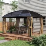 10' x 14' Hardtop Gazebo with Curtains, Netting, Pavilion with Steel Roof Ceiling Hook for Garden Patio, Brown - Image 2