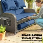 Patio Rattan Daybed, Wicker Outdoor Daybed with Storage Ottoman, Loveseat w/ Adjustable Backrest, Navy Blue - Image 8