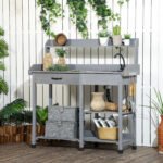 Potting Bench Table, Outdoor Garden Table Wooden Work Station with Removable Sink, Faucet, Drawer, Shelves, Hooks, Gray - Image 2