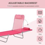 Folding Chaise Lounge Chair, Pool Sun Tanning Chair, Outdoor Lounge Chair with Reclining Back, Breathable Mesh Seat, Headrest for Beach, Yard, Patio, Pink - Image 4