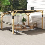 10' x 14' Wooden Gazebo, Hardtop Lean-to Gazebo Pergola with Galvanized Steel Sloped Roof, Bar Shelf, Natural Wood - Image 8