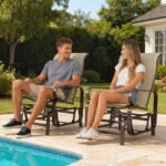 Gliding Lounger Chair Set of 2, Single Rockers with Lightweight Metal & Mesh Construction, Khaki - Image 7