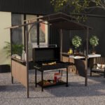 8'x5' BBQ Grill Gazebo, Outdoor Double Tiered Interlaced Polycarbonate Roof with Steel Frame, 2 Side Shelves, Brown - Image 2