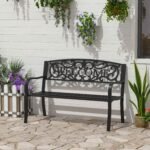 50" 2-Person Garden Bench Loveseat with Cast Iron Decorative Welcome Vines, Outdoor Patio Bench for Backyard, Porch, Entryway - Image 7