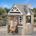 Outdoor Playhouse, Wooden Kids Playhouse with Dog Door, Cookware, Planter Box, Bell, Blackboard, Clock for Backyard - Image 2