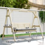 3 Seat Wooden Porch Swing with Stand, Patio Swing with Cushion, for Garden, Poolside, Backyard, Natural Wood - Image 3