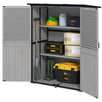 Wood Storage Shed with Lockable Doors, Storage Shelves, Gray, Black