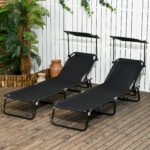 Chaise Pool Lounge Chairs Set of 2, Outdoor Sun Tanning Chairs, Reclining Back, Steel Frame and Side Pocket, Black - Image 2