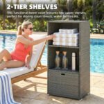 Valet Pool Towel Rack, Water-Resistant PE Plastic Rattan Wicker Storage Organizer, 2 Shelves, 1 Basket Drawer, Dark Gray - Image 4