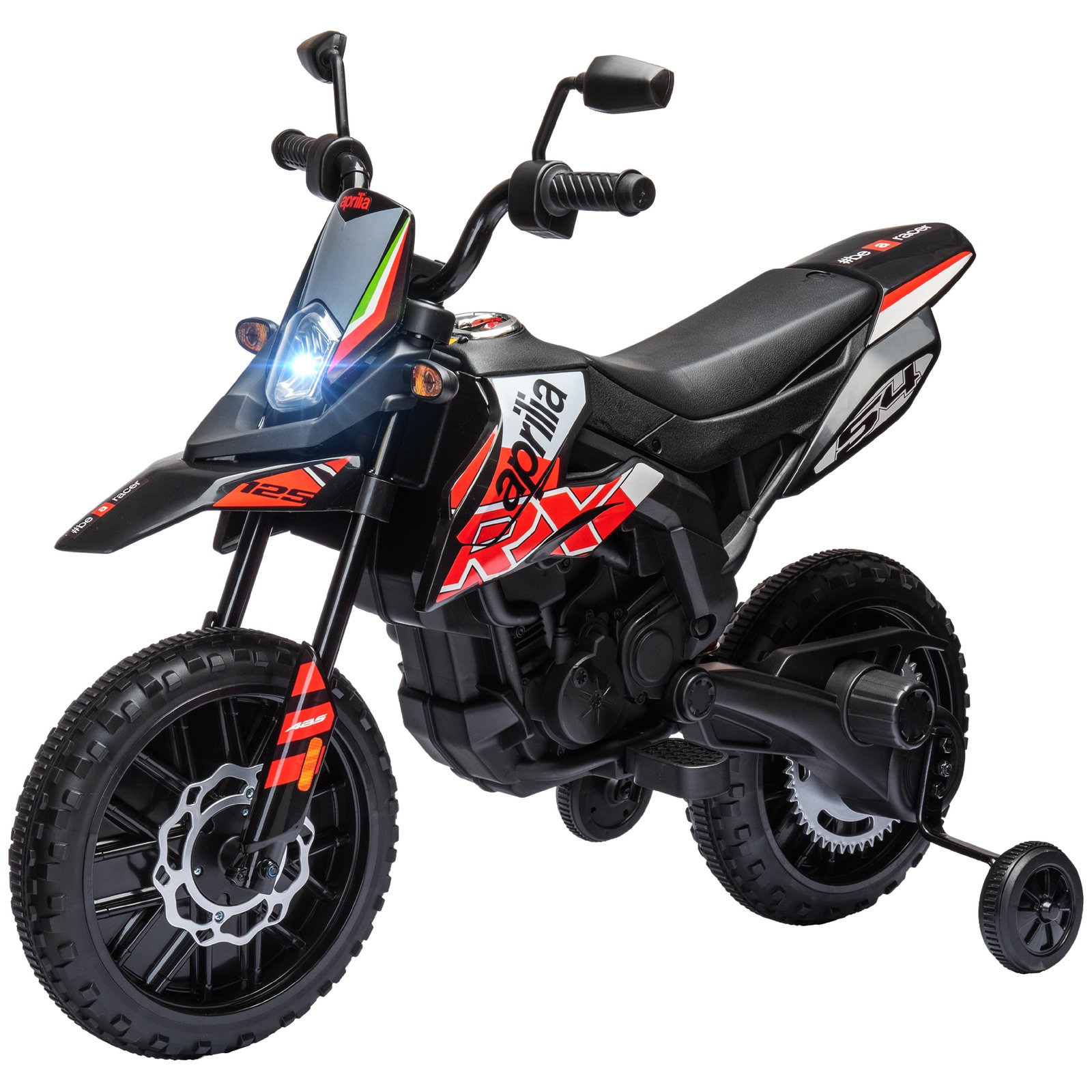 fsIe80194e46f8602.jpg 12V Aprilia Licenced Kids Motorcycle with Training Wheels, Spring Suspension, LED Light, USB, Music - Image 1