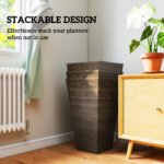 Set of 3 Tall Planters, 28" Outdoor Planter w/ Drainage Holes, Faux Wood Plastic Flower Pots, Brown - Image 7