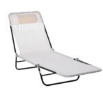 Folding Chaise Lounge Chair, Pool Sun Tanning Chair, Outdoor Lounge Chair with Reclining Back, Breathable Mesh Seat, Headrest for Beach, Yard, Patio, Cream White