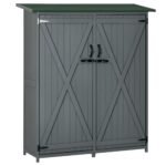 Outdoor Storage Cabinet Wooden Garden Shed Utility Tool Organizer with Waterproof Asphalt Rood, Lockable Doors, 3 Tier Shelves for Lawn, Backyard, Gray
