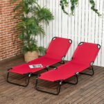 2 Piece Folding Chaise Lounge Pool Chairs, Outdoor Sun Tanning Chairs with 5-Level Reclining Back, Steel Frame for Beach, Yard, Patio, Red - Image 2