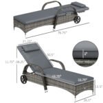 Outdoor Chaise Lounge, 5-Level Adjustable Backrest Rattan Pool Lounge Chair with Wheels, Cushion & Headrest, Gray - Image 3