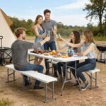 6FT 3 PCS Portable Camping Table and Chairs, Folding Picnic Table Bench Set with Carrying Handles for BBQ, Party, White - Image 2