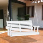 46" 2-Person Porch Swing Wooden Patio Swing Bench with Cup Holders, Slatted Design, Chains, 440lb Weight Capacity, White - Image 2