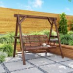 3 Seat Wooden Porch Swing with Stand, Patio Swing with Side Tables, for Garden, Poolside, Backyard, Carbonized Brown - Image 8