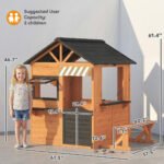 Wooden Kids Playhouse with Play Kitchen, Picnic Bench, Serving Station, Windows and Door for Backyard, Ages 3–8, Brown - Image 3