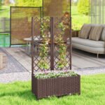 Planter Box with Trellis, Self Watering Raised Garden Bed with Lockable Wheels and Drainage Holes, Brown - Image 2