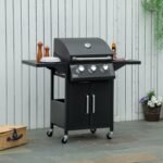 Outdoor 3 Burner Gas Grill Portable Barbecue w/ Wheels, Warming Rack, Shelves, Cabinet, Thermometer, Black - Image 2