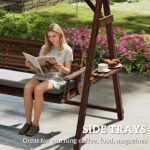 3 Seat Wooden Porch Swing with Stand, Patio Swing with Cushion, for Garden, Poolside, Backyard, Carbonized Brown - Image 6