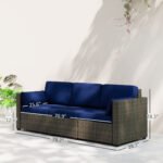 Patio Couch PE Wicker Deep Seating Outdoor Sofa with Removable Cushions, 3 Seater Rattan Sofa, Outdoor Furniture for Balcony, Deck, Garden and Poolside, Navy Blue - Image 3
