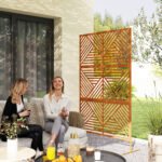 Decorative Privacy Fence Screen, Metal Outdoor Privacy Screen Climbing Plant Trellis with Stand, Rhombus Brown - Image 2