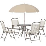 6 Piece Patio Dining Set for 4 with Umbrella, Outdoor Table and Chairs with 4 Folding Dining Chairs & Round Glass Table for Garden, Backyard and Poolside, Beige