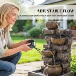 28" Outdoor Fountain with 5-Tier Rustic Jugs, Cascading Waterfall with LED Lights, Adjustable Flow, Rustic Brown - Image 6