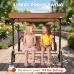 Kids Patio Swing, 2-Seater Outdoor Swing Chair with Adjustable Canopy and Safety Belt, Monkey Pattern Hanging Swing Bench for Garden or Backyard, Coffee - Image 5