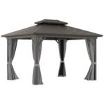 10' x 12' Hardtop Gazebo with Curtains and Netting, Permanent Pavilion Metal Double Roof Gazebo Canopy with Aluminum Frame and Hooks, for Garden, Patio, Backyard, Gray