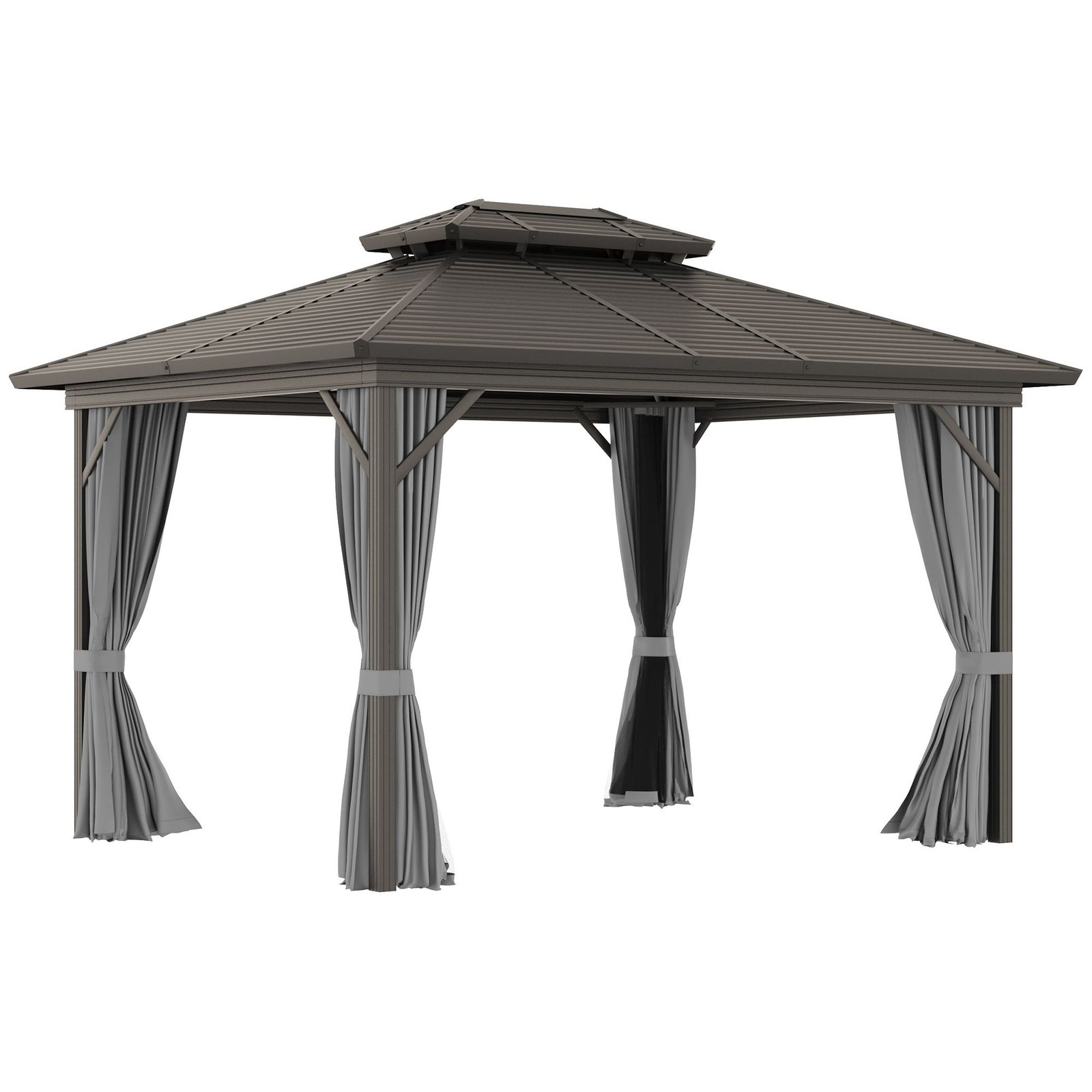 haF11619494fab932.jpg 10' x 12' Hardtop Gazebo with Curtains and Netting, Permanent Pavilion Metal Double Roof Gazebo Canopy with Aluminum Frame and Hooks, for Garden, Patio, Backyard, Gray - Image 1
