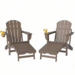 Folding Adirondack Chair Set of 2, HDPE Fire Pit Chair with Retractable Ottoman and Cup Holder, Brown