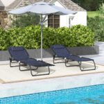 2 Folding Chaise Lounge Pool Chairs with 4-Position Reclining Back, Pillow, Breathable Mesh & Bungee Seat, Dark Blue - Image 7