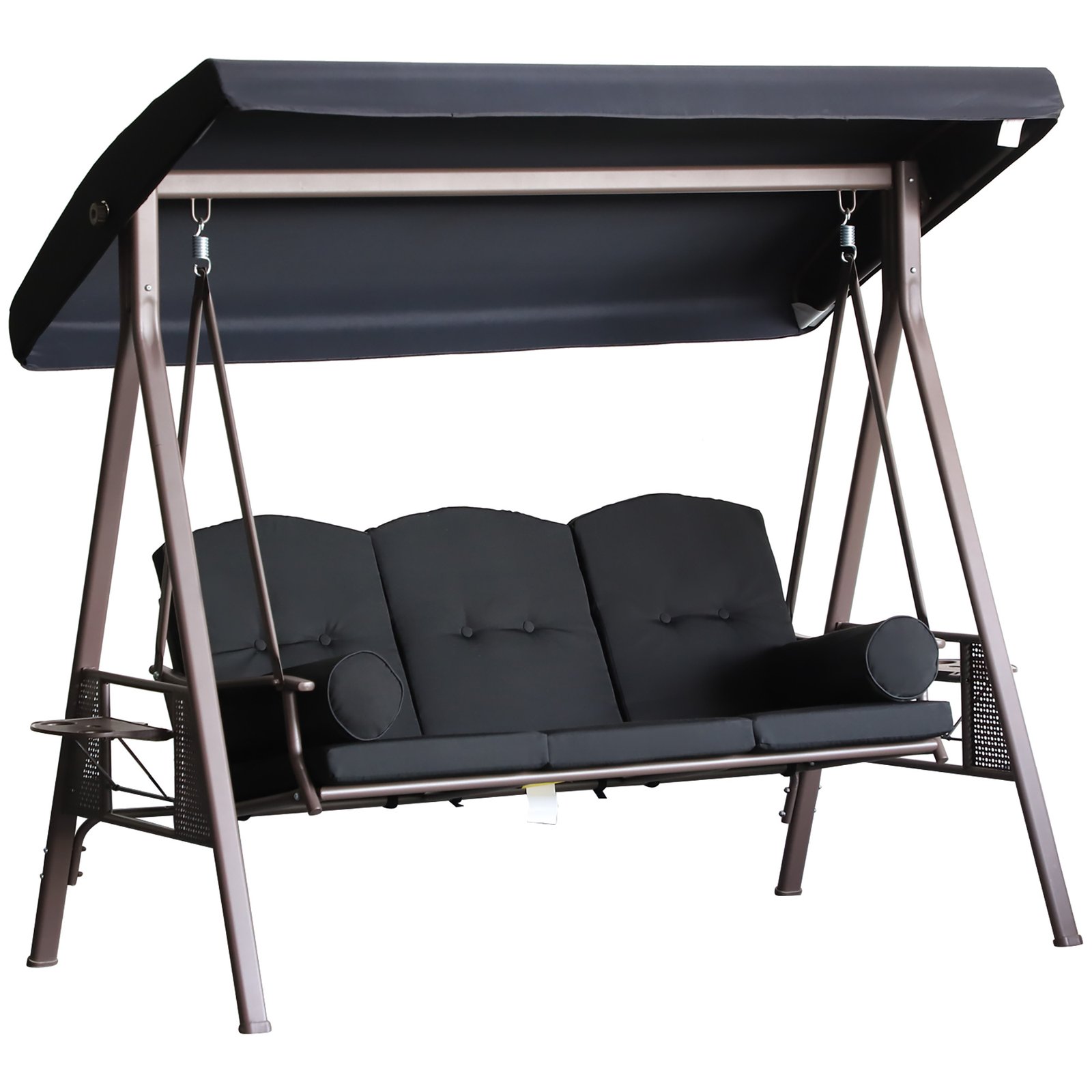 hdC2df194934328a7.jpg 3-Seat Patio Swing Chair, Outdoor Porch Swing Glider with Adjustable Canopy, Removable Cushion, Pillows and Side Trays, for Garden, Poolside, Backyard, Black - Image 1